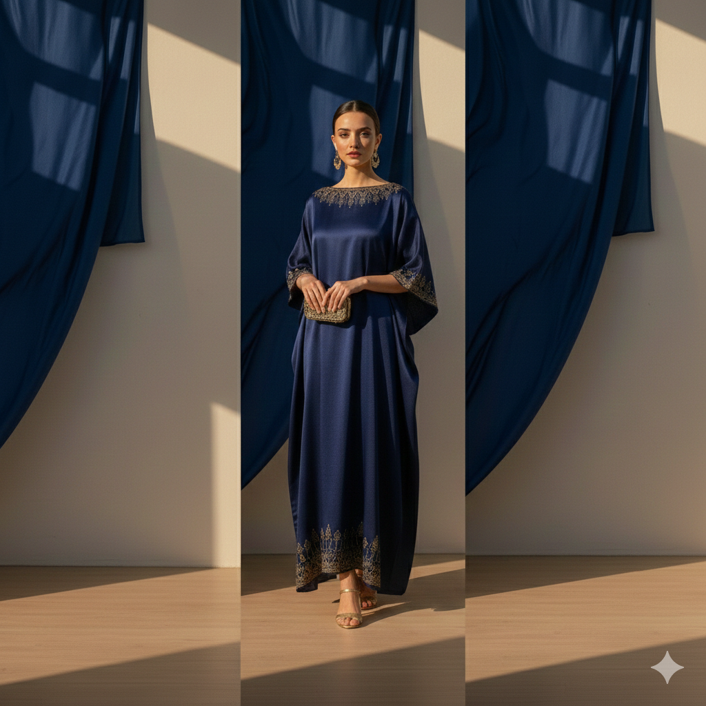 The Sapphire Collection - Dramatic silk-satin evening kaftans with butterfly sleeves
